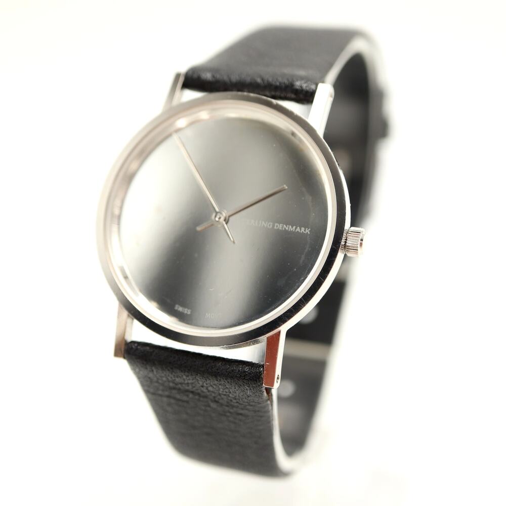 Sterling Denmark by Max Rene Silver Tone 32mm Watch Swiss Leather w New Battery